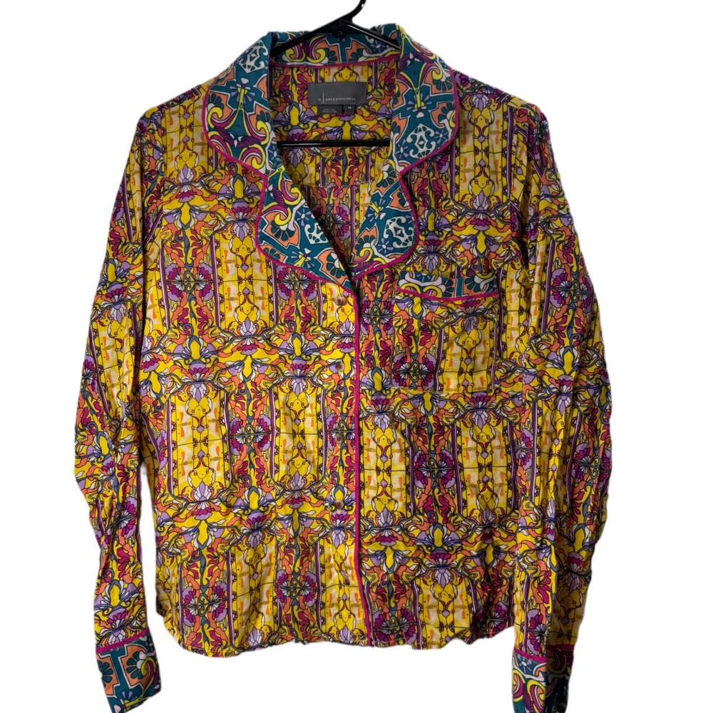 Anthropologie Button Down‎ Shirt Top XS Yellow Multicolor Patterned Long Sleeve
